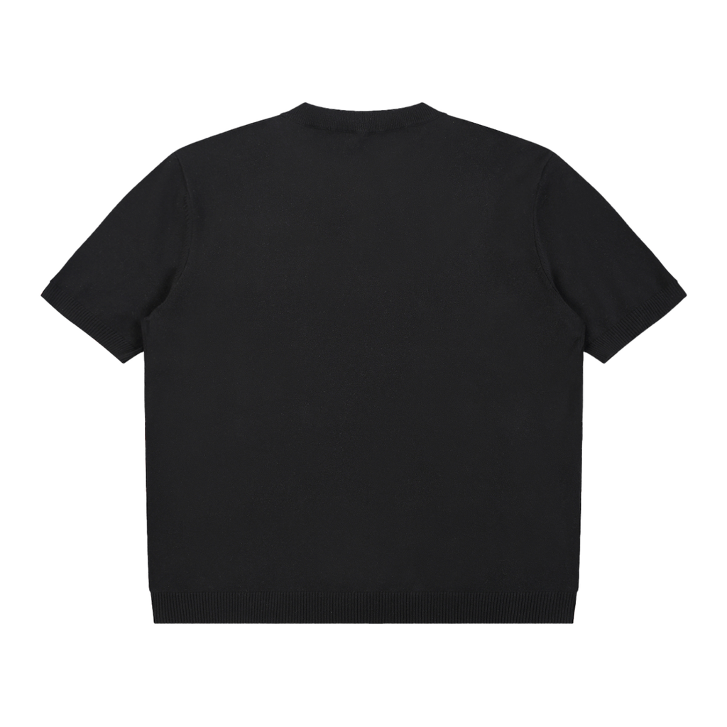 MIROLYUB Cadence Knit Henley Tee in Black, back view.