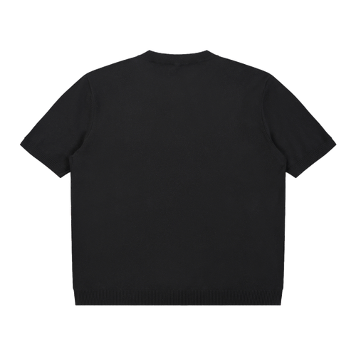 MIROLYUB Cadence Knit Henley Tee in Black, back view.