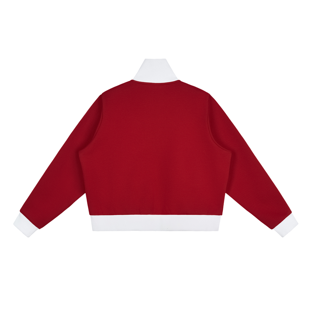 MIROLYUB Parallel cropped stripe track jacket in Red, back view.