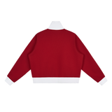 MIROLYUB Parallel cropped stripe track jacket in Red, back view.