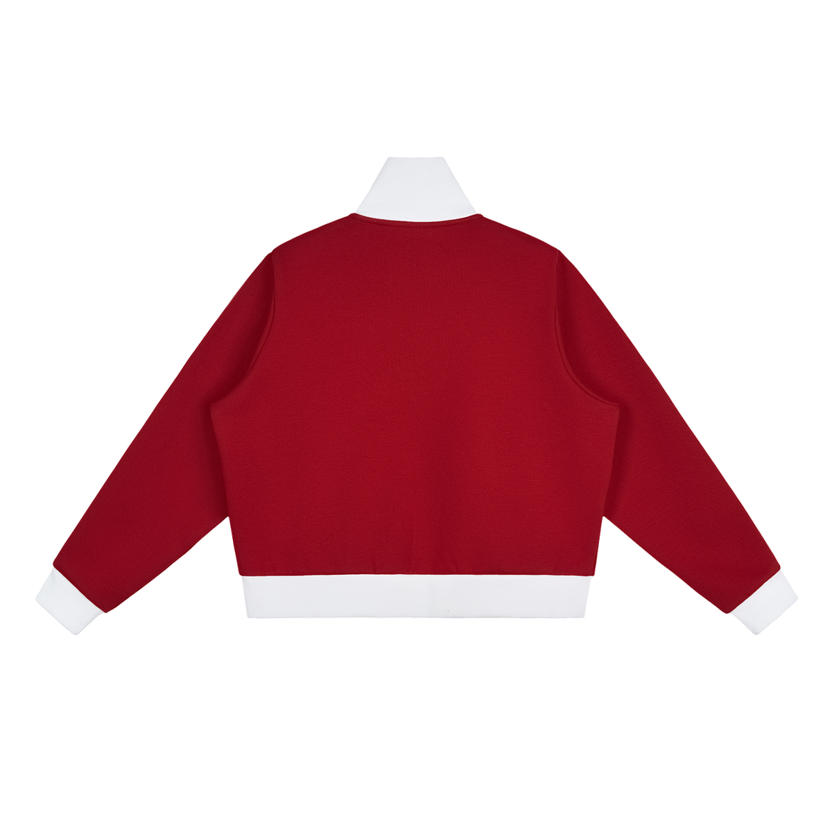 MIROLYUB Parallel cropped stripe track jacket in Red, back view.