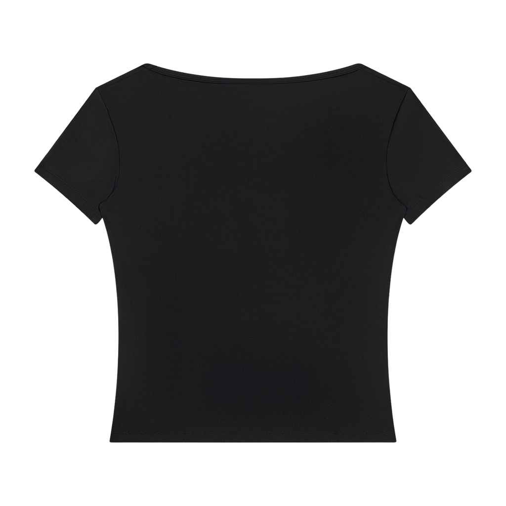 MIROLYUB Squareline square-neck fitted tee in Black, back view.