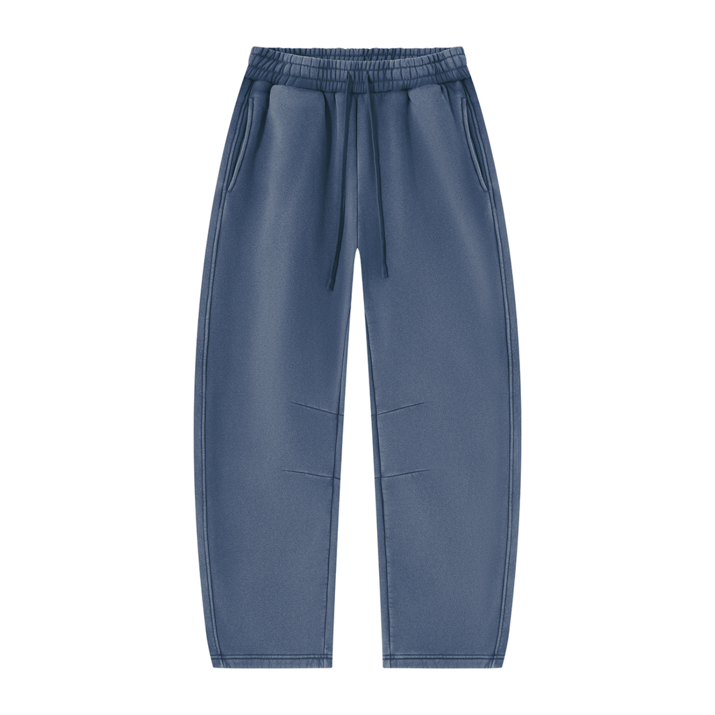 MIROLYUB Arc Vintage-Wash Barrel Fleece Pants in Washed Blue, front view.