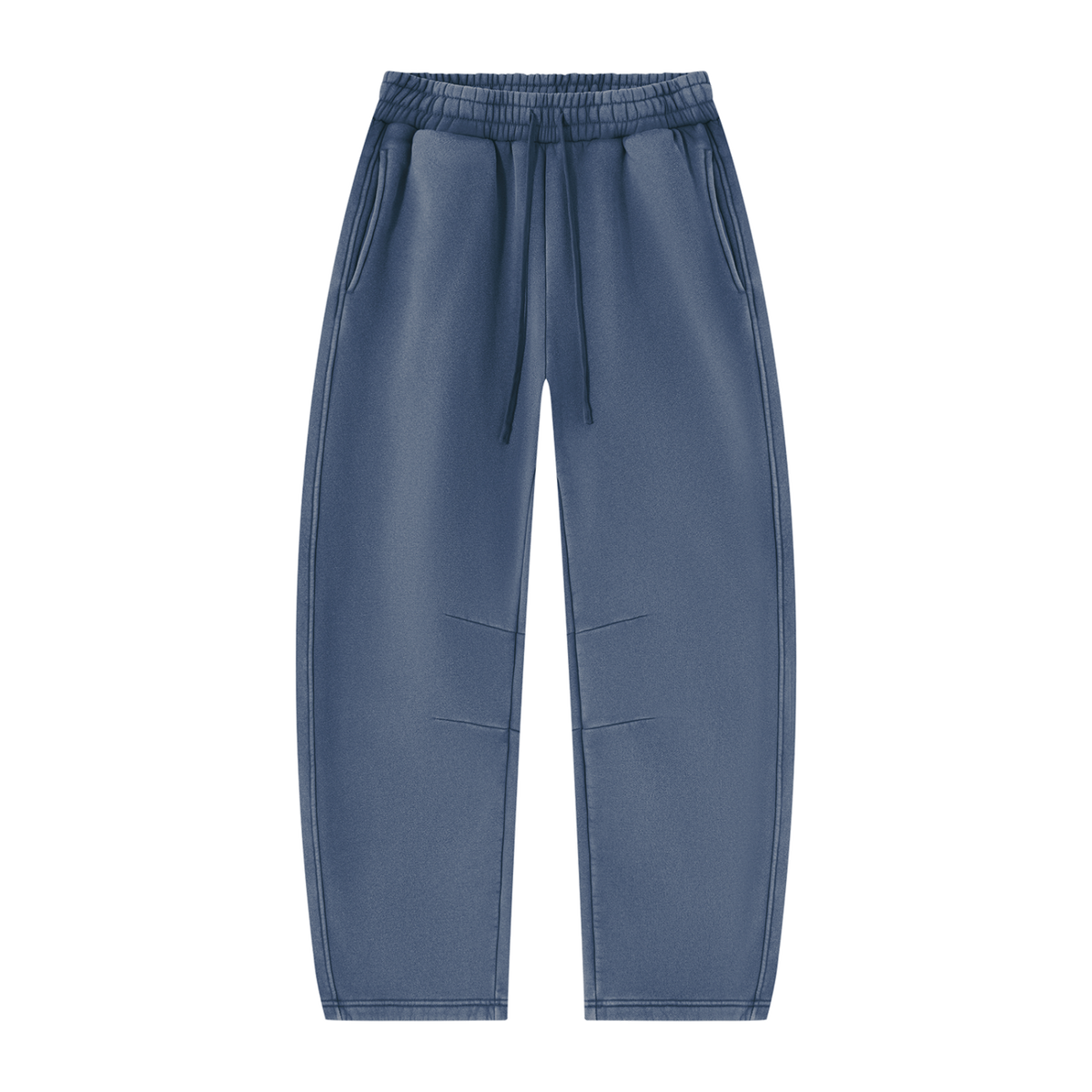 MIROLYUB Arc Vintage-Wash Barrel Fleece Pants in Washed Blue, front view.