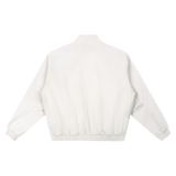 MIROLYUB Transit stand-collar bomber in Beige, back view.