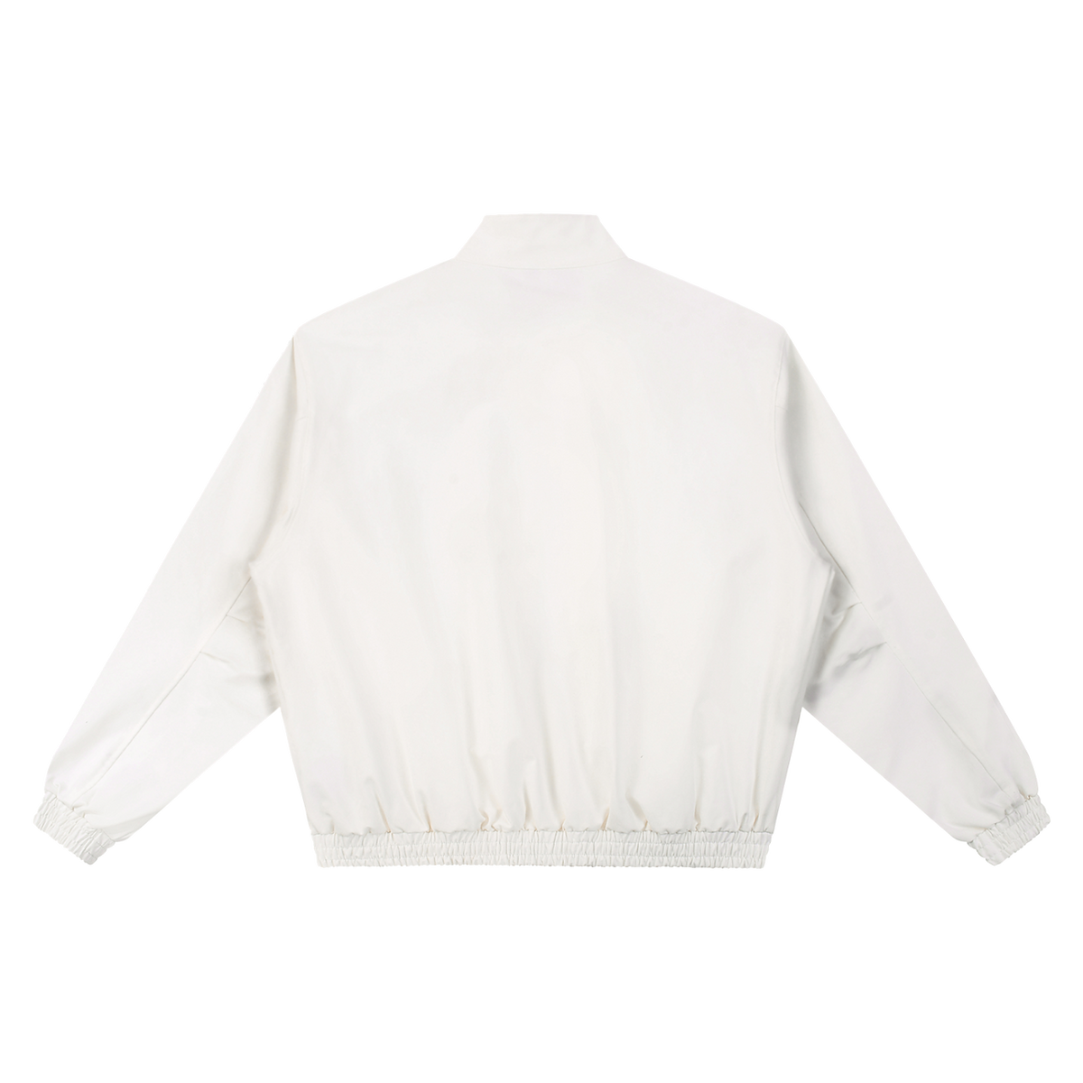 MIROLYUB Transit stand-collar bomber in Beige, back view.