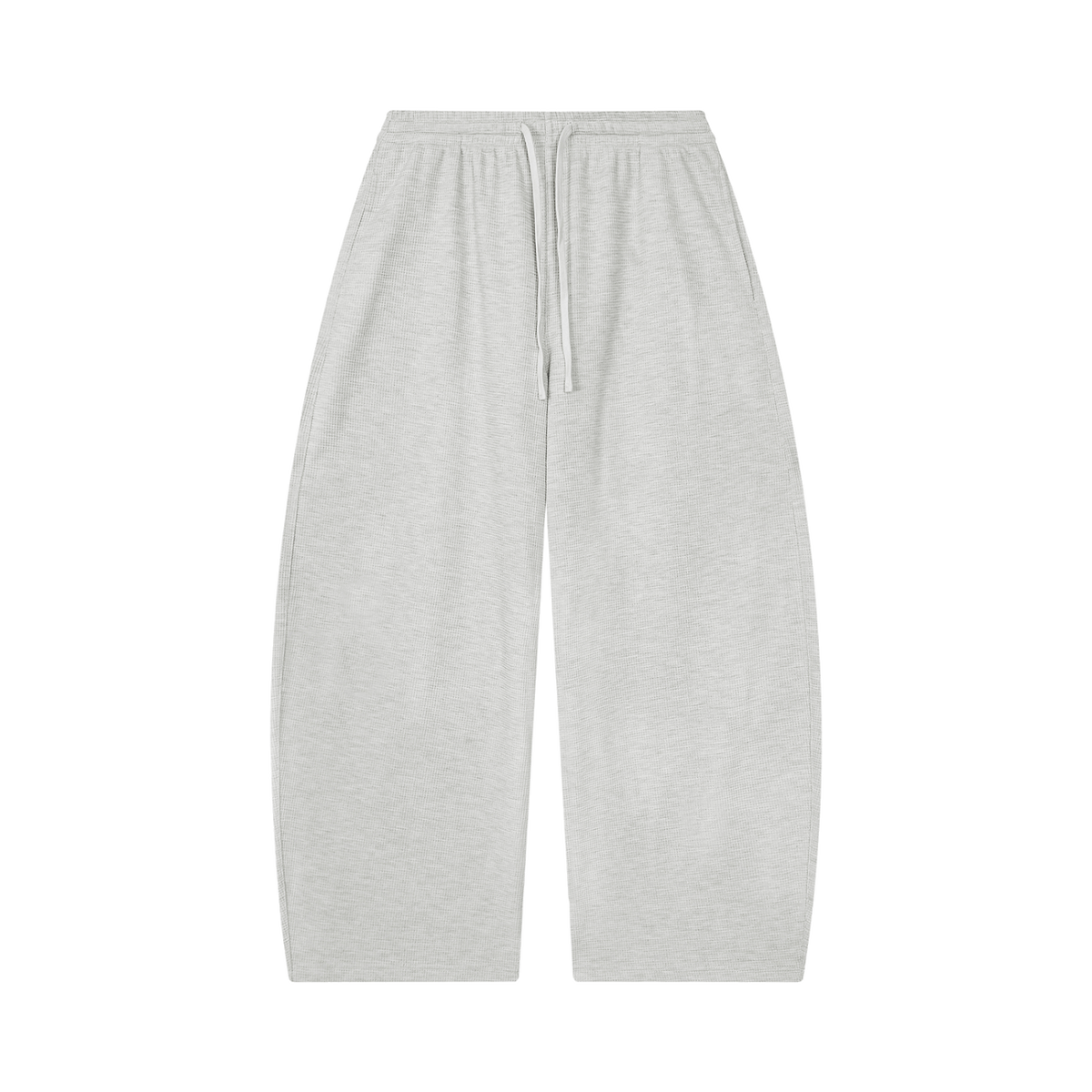 MIROLYUB Tessera waffle barrel pants in Oat Gray, front view.