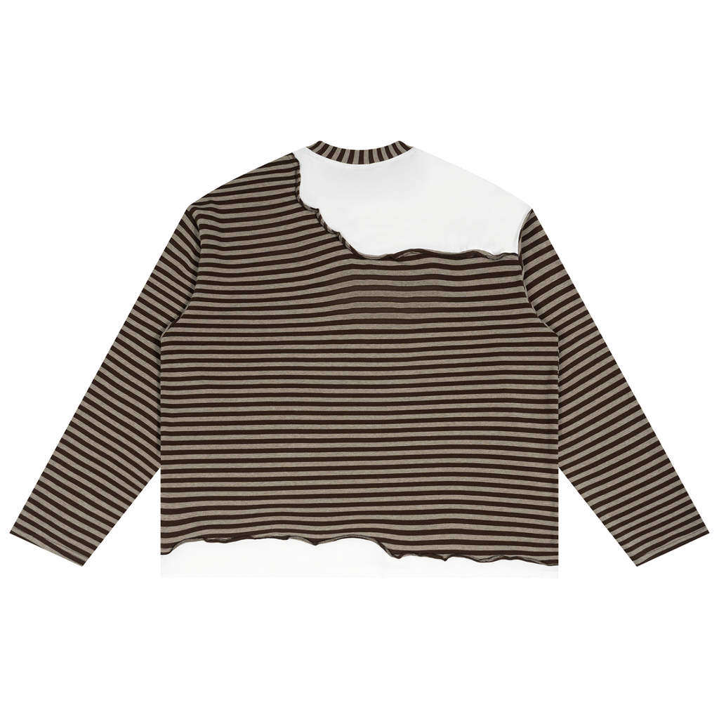 MIROLYUB Unisex Striped Panel Boxy Long Sleeve T-Shirt — Coffee with Gray, back view