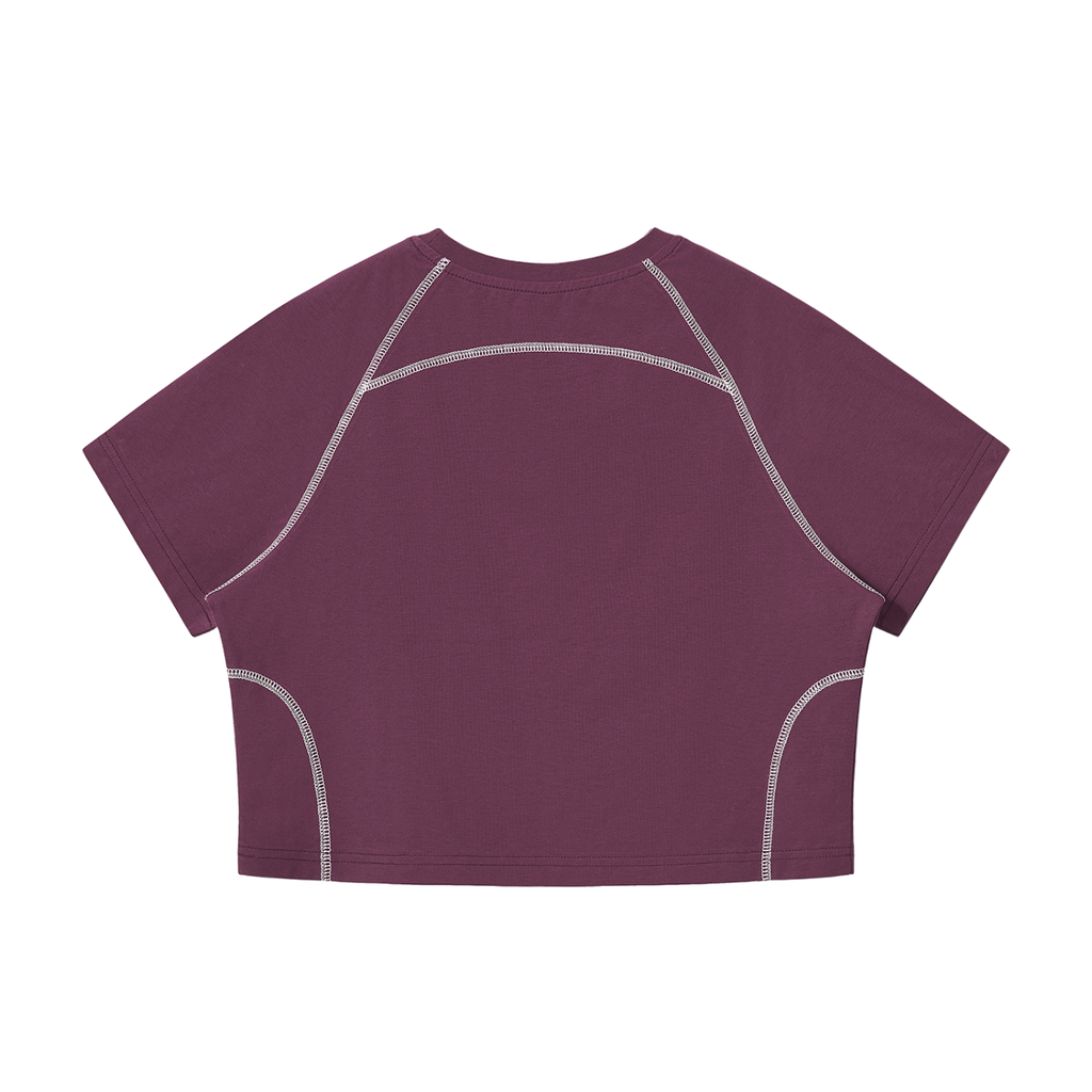 MIROLYUB Women's Contrast Stitch Raglan Crop T-Shirt — Plum Purple — back view
