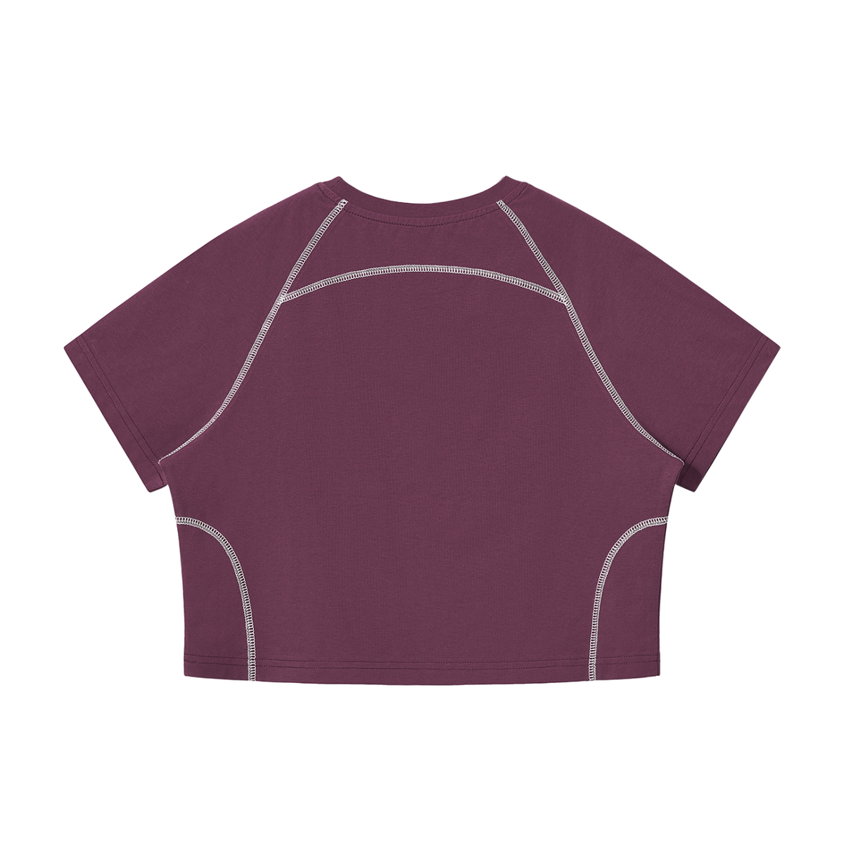 MIROLYUB Women's Contrast Stitch Raglan Crop T-Shirt — Plum Purple — back view