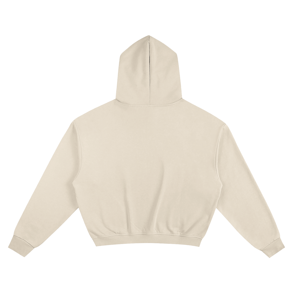 MIROLYUB Verge heavy cotton cropped hoodie in Apricot, back view.