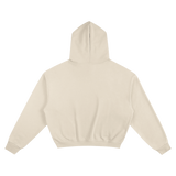 MIROLYUB Verge heavy cotton cropped hoodie in Apricot, back view.