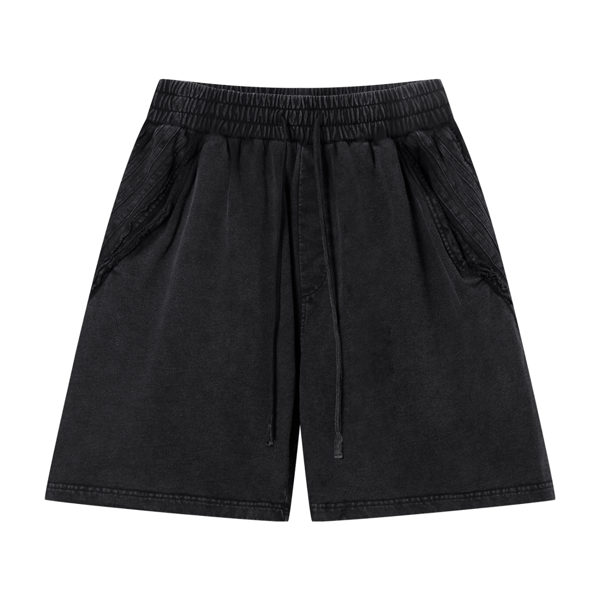 MIROLYUB Unisex Vintage Wash Raw Edge Shorts — Black, front view