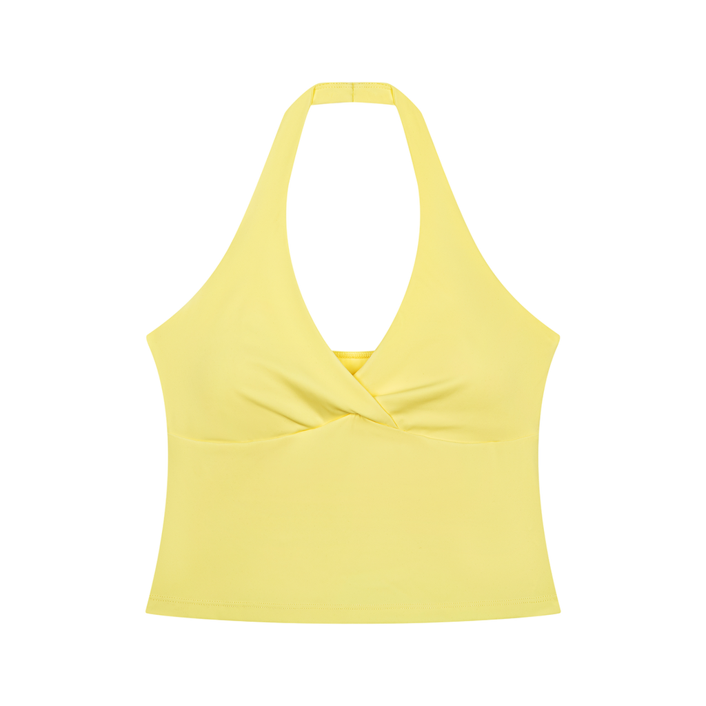 MIROLYUB Women’s Ruched Halter Yoga Tank Top — Yellow, front view