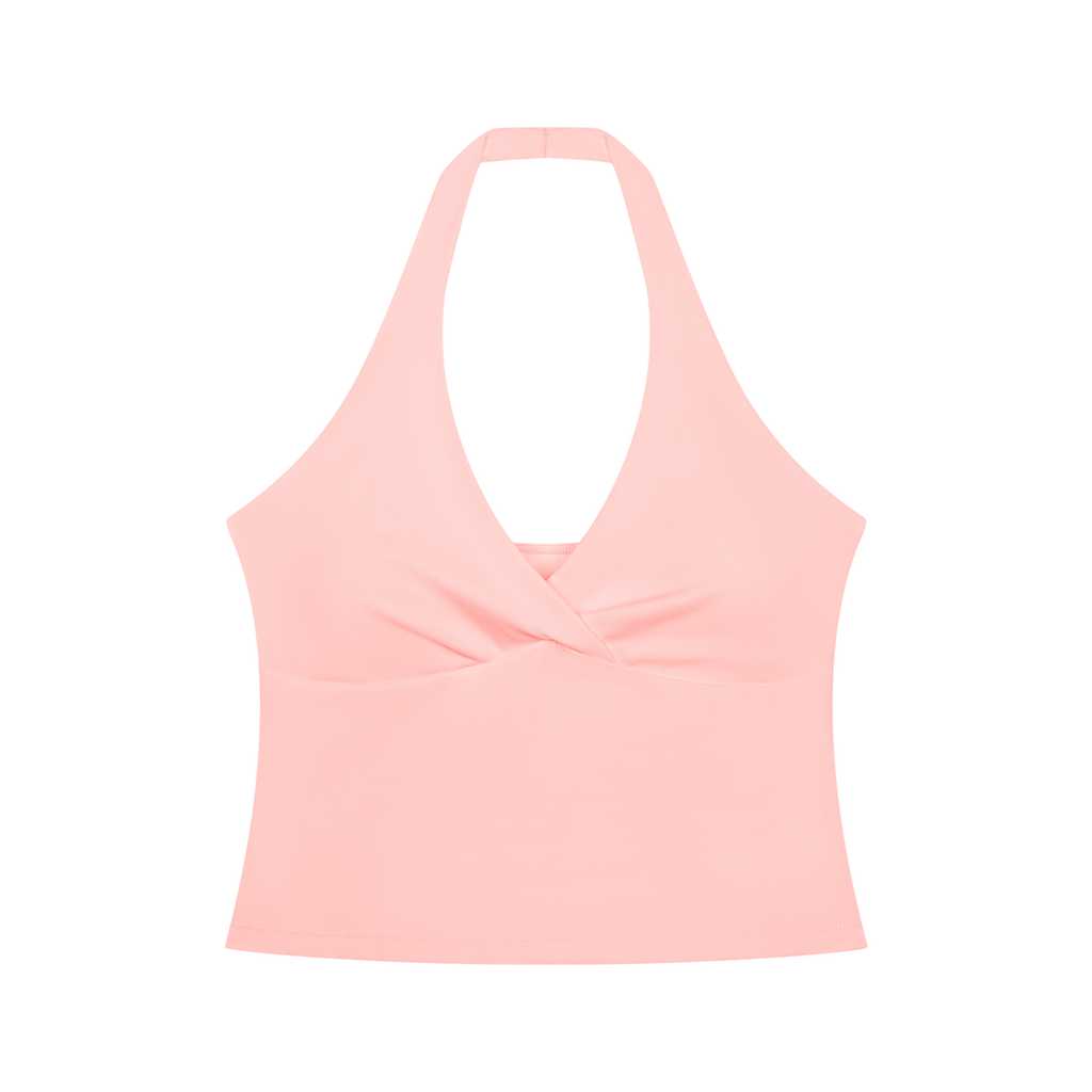 MIROLYUB Women’s Ruched Halter Yoga Tank Top — Pink, front view