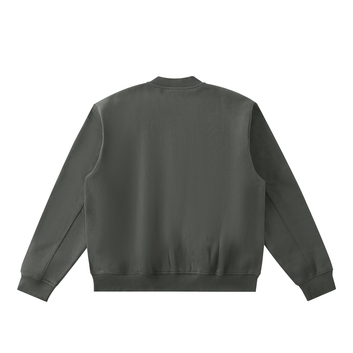 MIROLYUB Nocturne fleece zip varsity jacket in Dark Gray, back view.