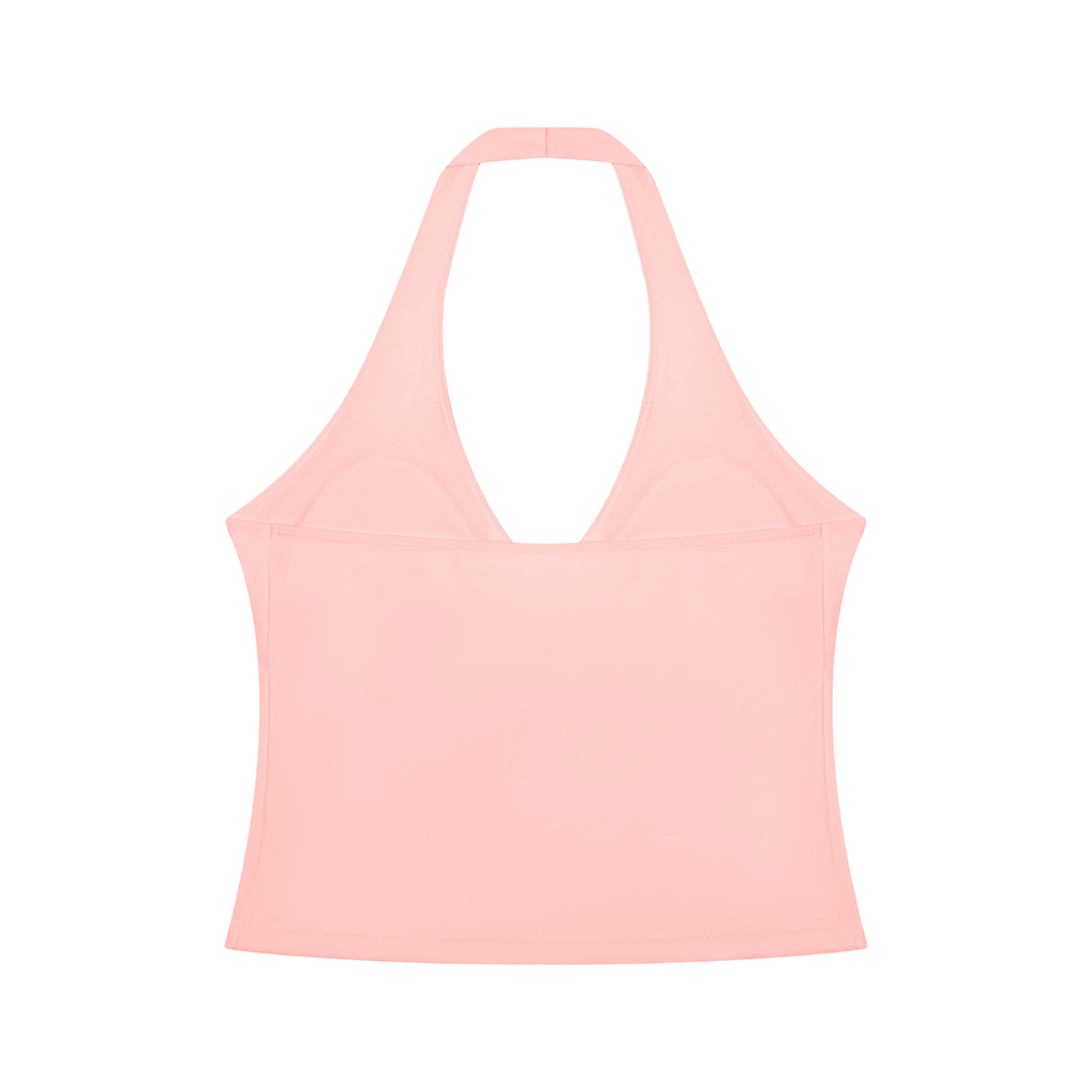 MIROLYUB Women’s Ruched Halter Yoga Tank Top — Pink, back view