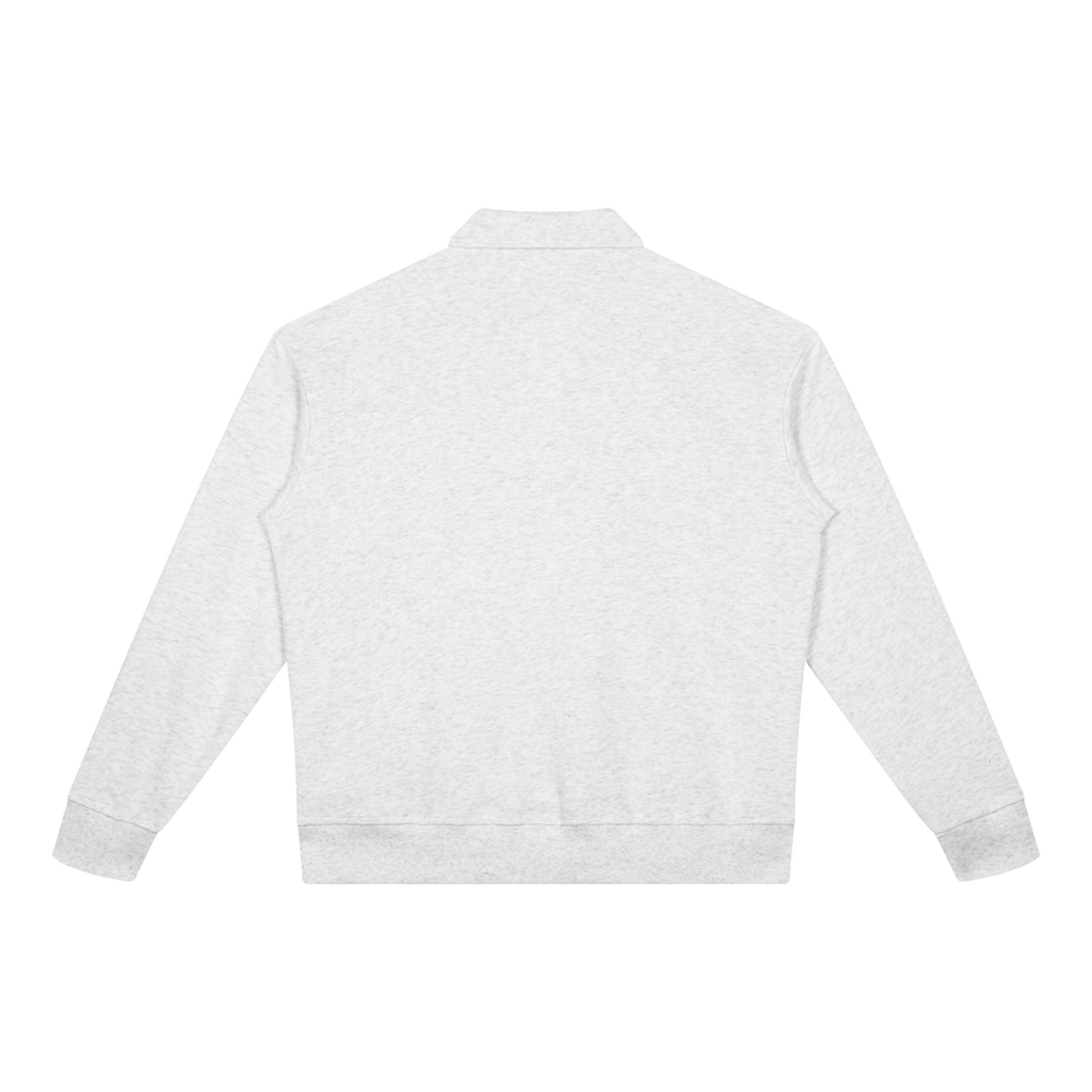 MIROLYUB Aperture boxy quarter-zip sweatshirt in White Gray, back view.