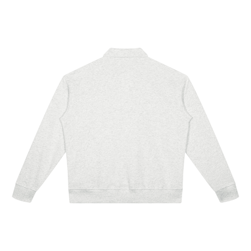 MIROLYUB Aperture boxy quarter-zip sweatshirt in White Gray, back view.