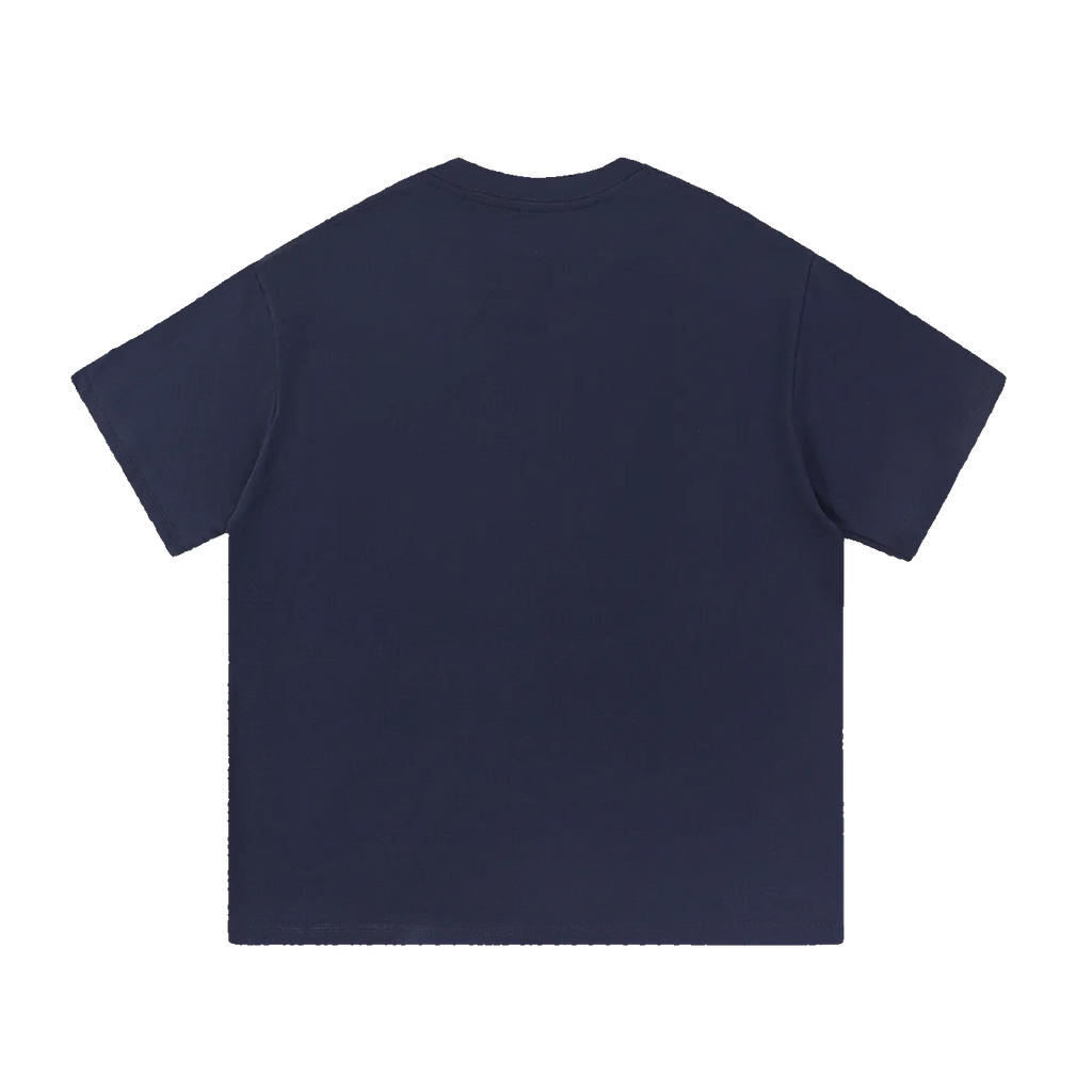 MIROLYUB Still Heavy Cotton Tee in Navy Blue, back view.