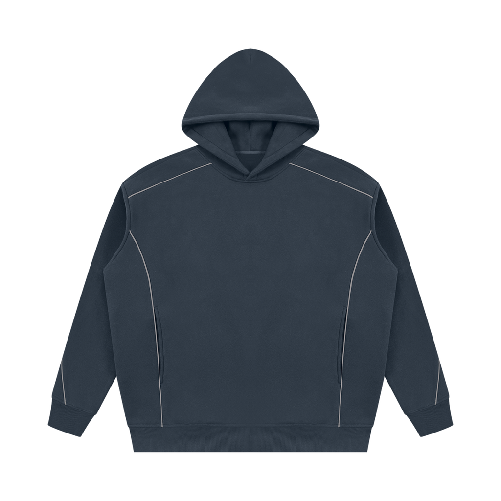 MIROLYUB Hush Oversized Piping Hoodie in Navy Blue, front view.