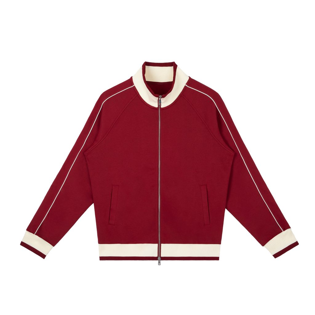 MIROLYUB Switchback raglan track jacket in Red, front view.