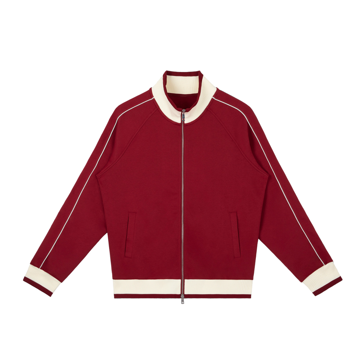 MIROLYUB Switchback raglan track jacket in Red, front view.