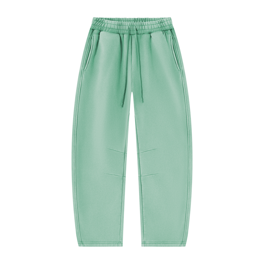 MIROLYUB Arc Vintage-Wash Barrel Fleece Pants in Mint Green, front view.
