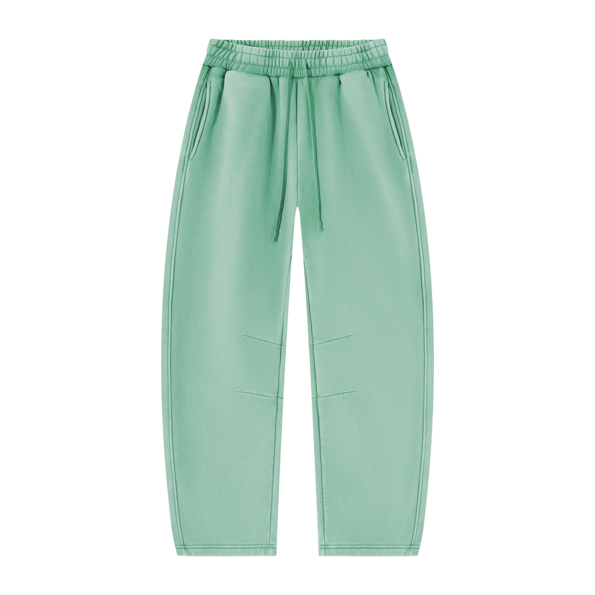 MIROLYUB Arc Vintage-Wash Barrel Fleece Pants in Mint Green, front view.