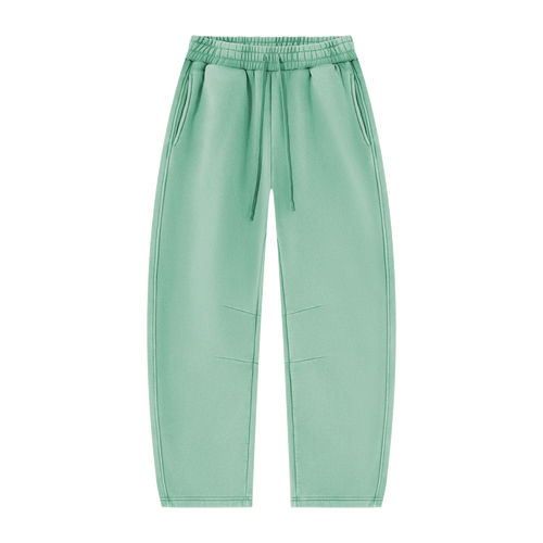 MIROLYUB Arc Vintage-Wash Barrel Fleece Pants in Mint Green, front view.