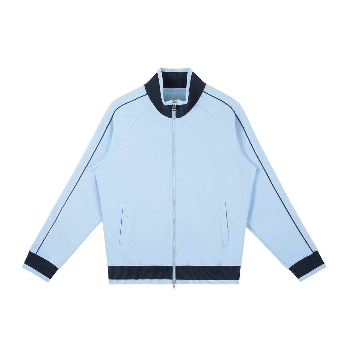MIROLYUB Switchback raglan track jacket in Sky Blue, front view.