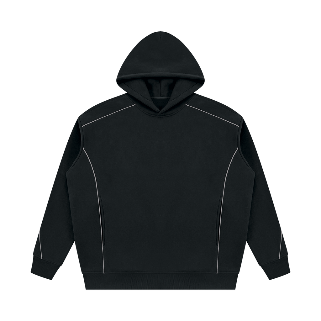 MIROLYUB Hush Oversized Piping Hoodie in Black, front view.