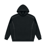 MIROLYUB Hush Oversized Piping Hoodie in Black, front view.