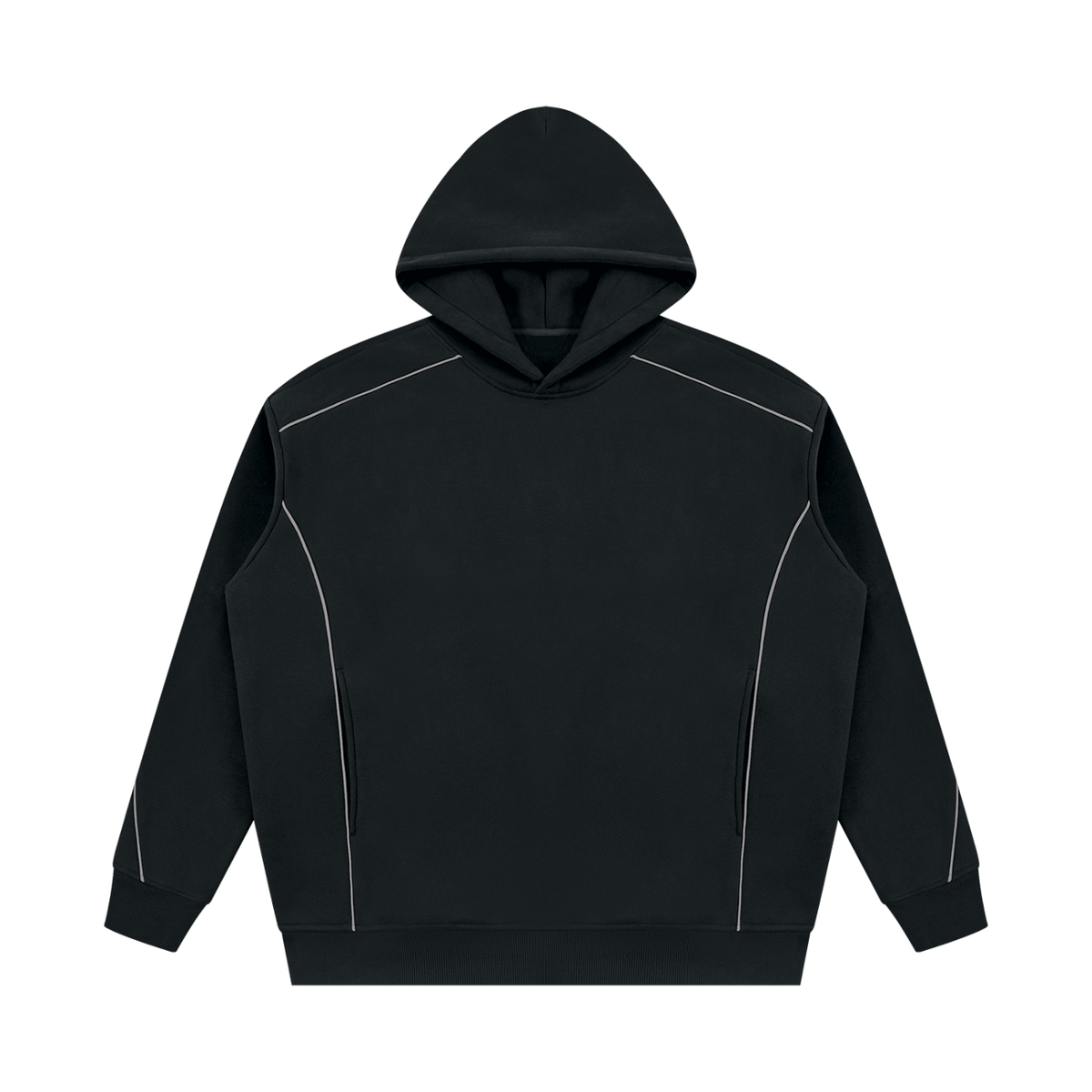 MIROLYUB Hush Oversized Piping Hoodie in Black, front view.