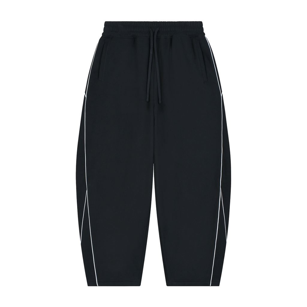 MIROLYUB Trace Piping Barrel Fleece Pants in Black, front view.