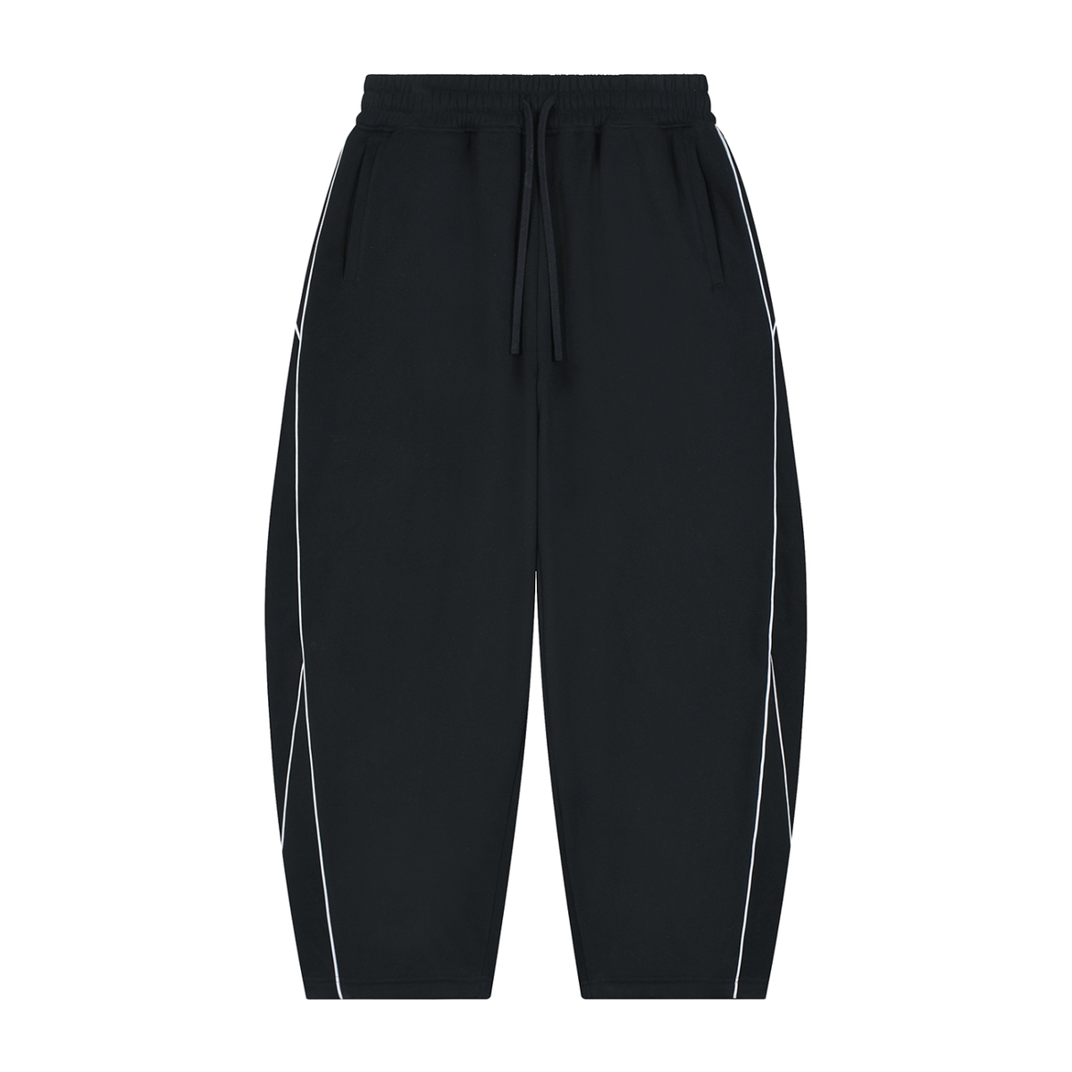 MIROLYUB Trace Piping Barrel Fleece Pants in Black, front view.