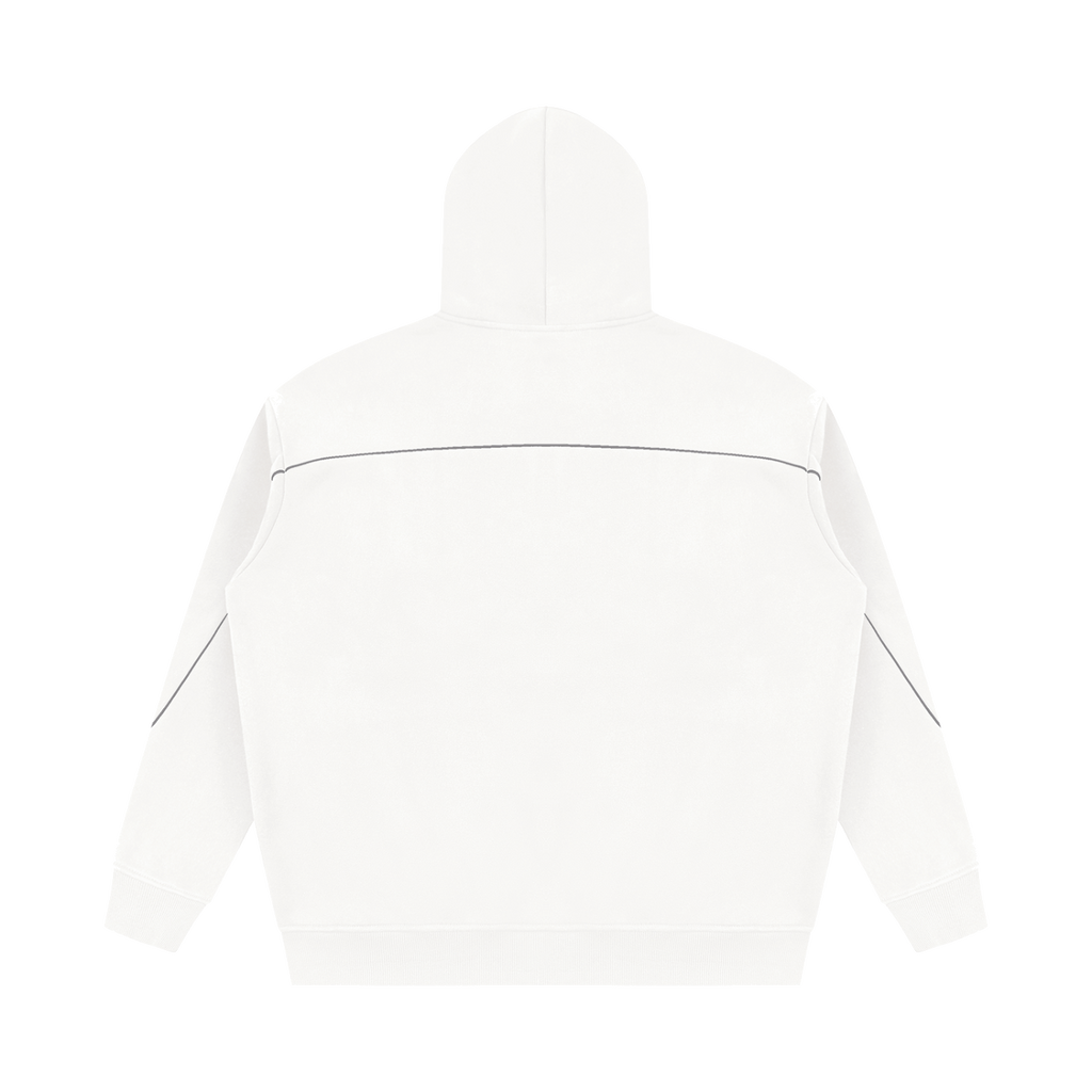 MIROLYUB Hush Oversized Piping Hoodie in White, back view.