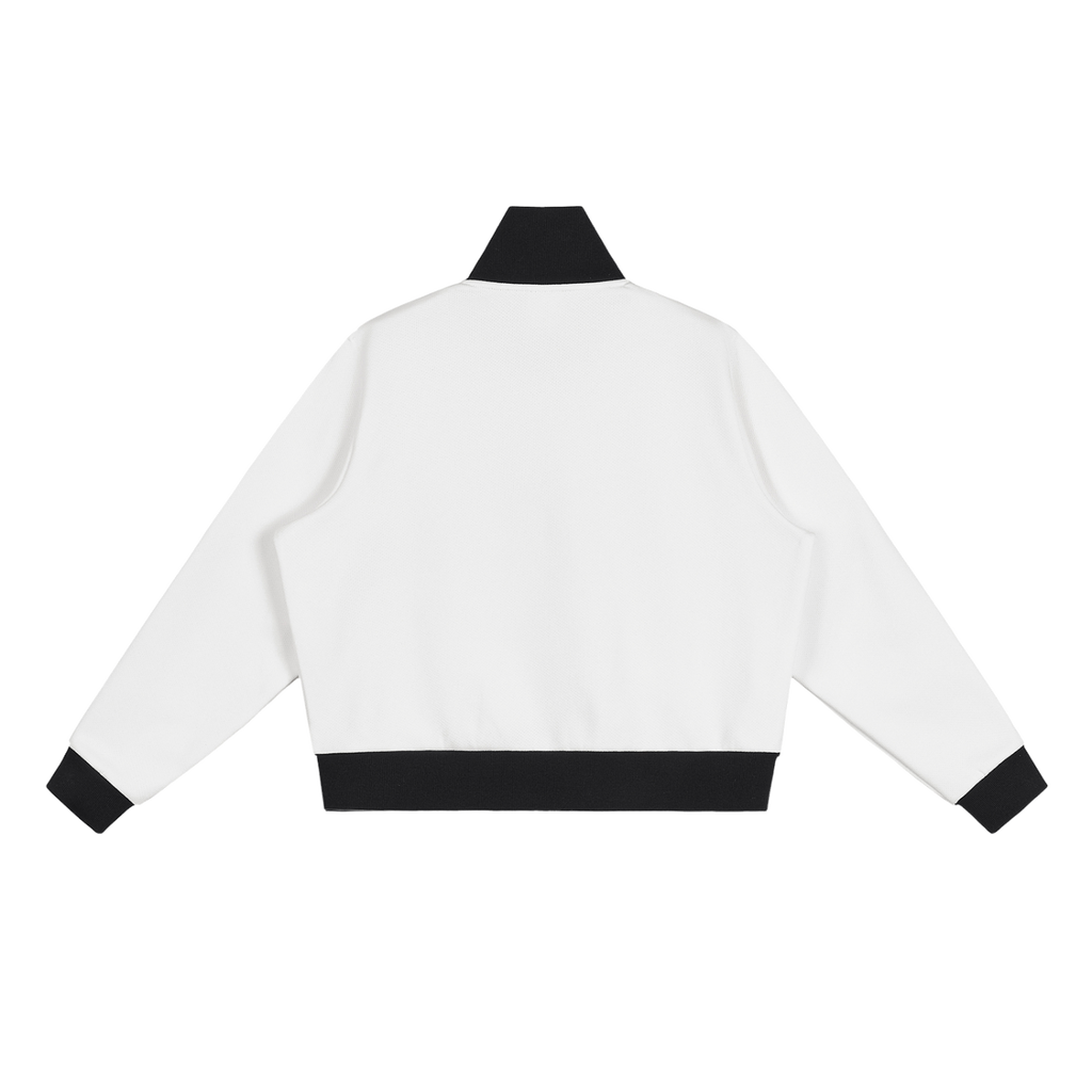 MIROLYUB Parallel cropped stripe track jacket in White, back view.
