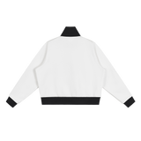 MIROLYUB Parallel cropped stripe track jacket in White, back view.