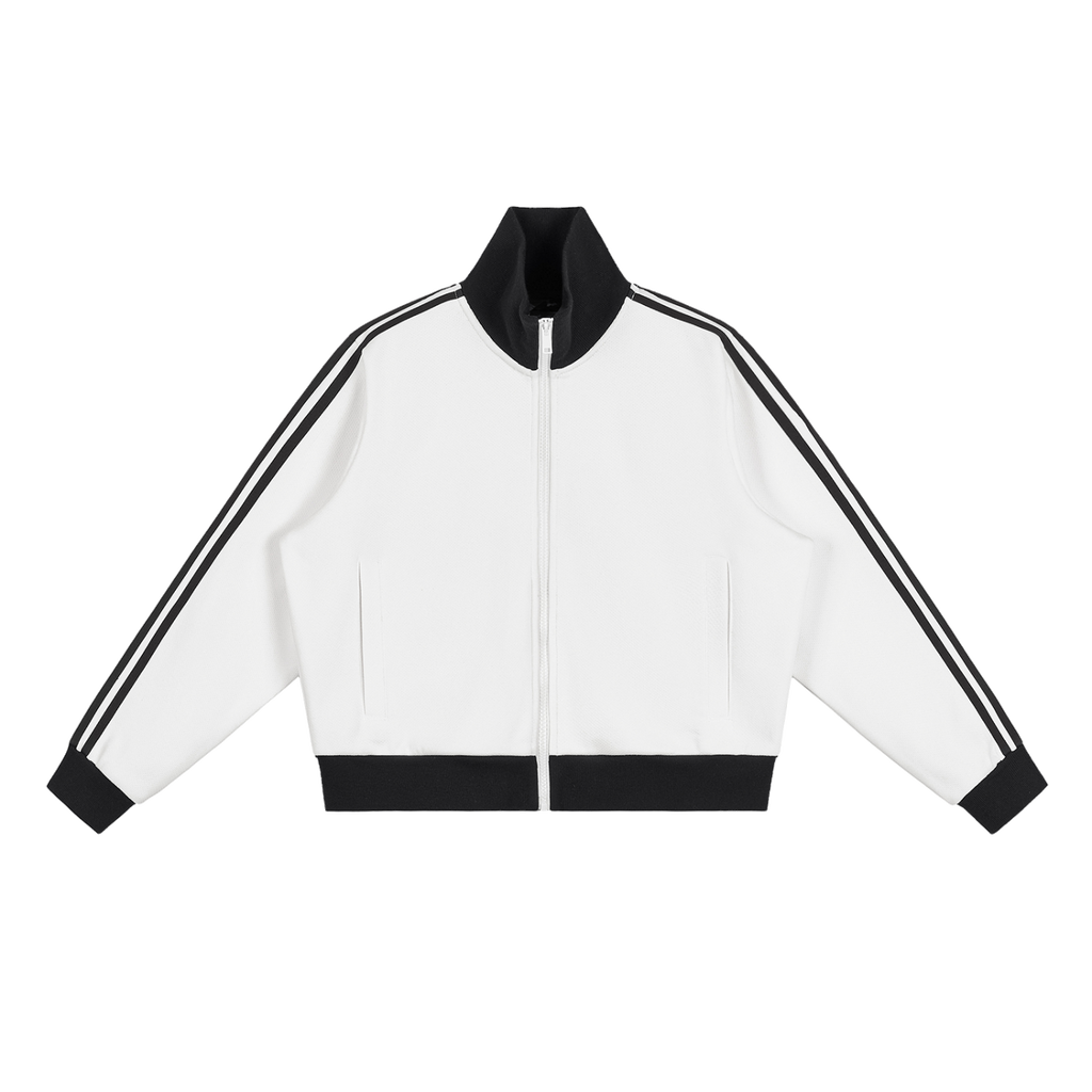MIROLYUB Parallel cropped stripe track jacket in White, front view.