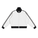 MIROLYUB Parallel cropped stripe track jacket in White, front view.