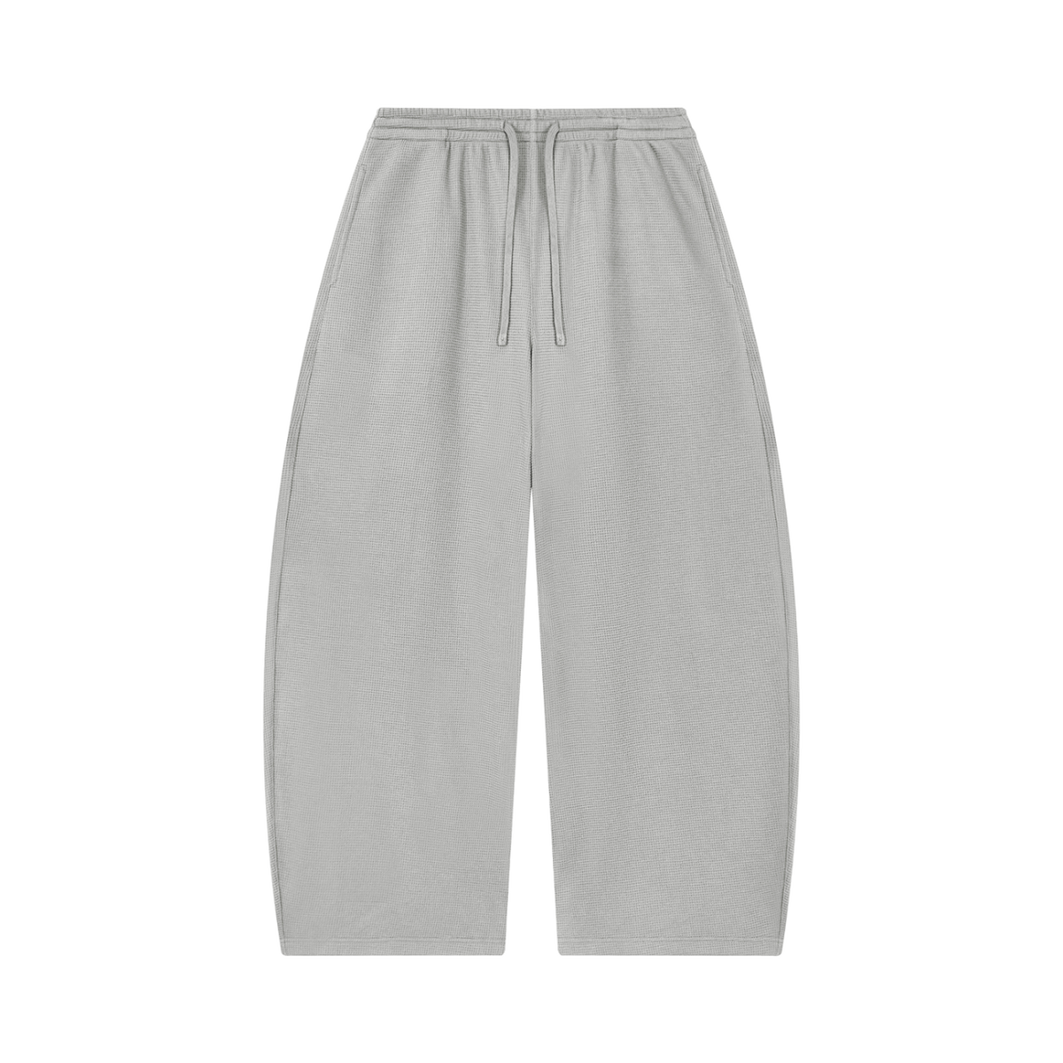 MIROLYUB Tessera waffle barrel pants in Light Gray, front view.