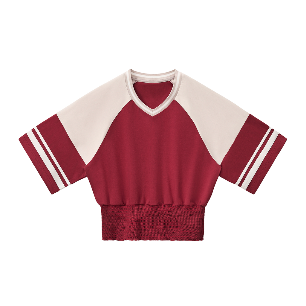 MIROLYUB Women's Color Block Ruched T-Shirt — Red with Apricot — front view