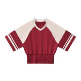 MIROLYUB Women's Color Block Ruched T-Shirt — Red with Apricot — front view