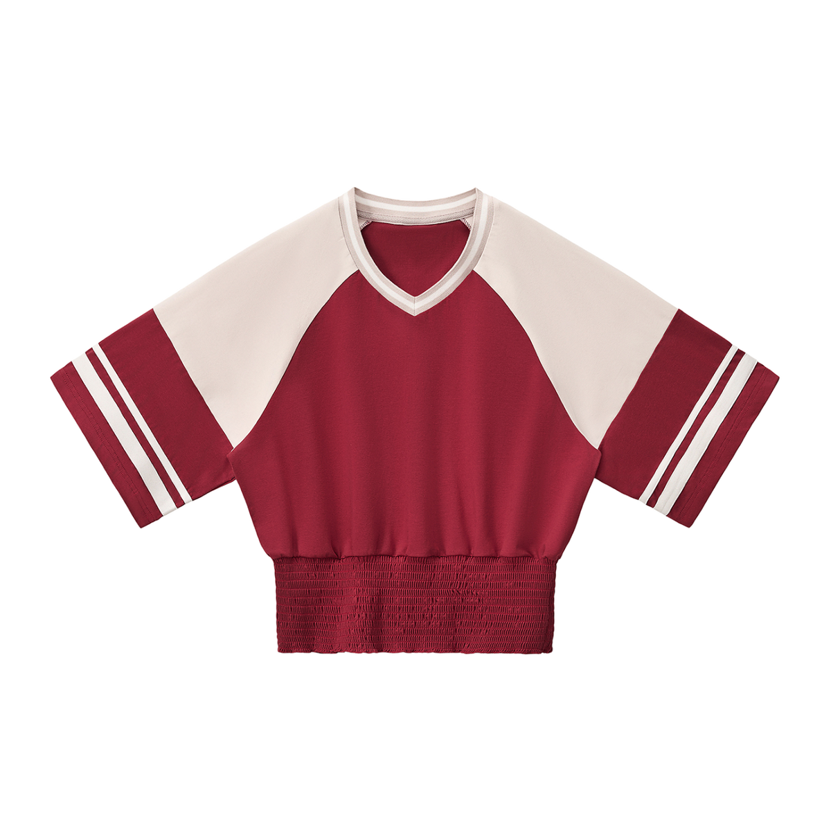 MIROLYUB Women's Color Block Ruched T-Shirt — Red with Apricot — front view