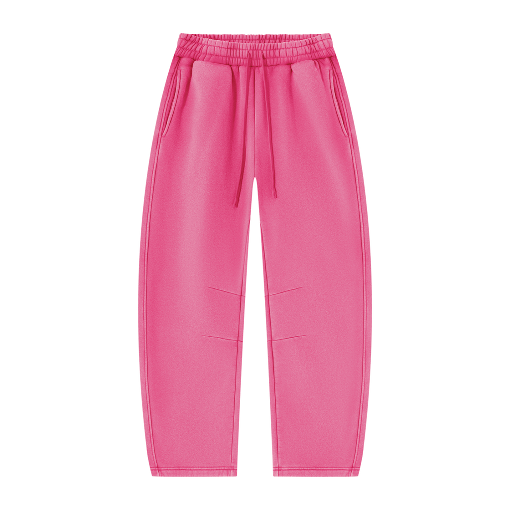 MIROLYUB Arc Vintage-Wash Barrel Fleece Pants in Rose Red, front view.