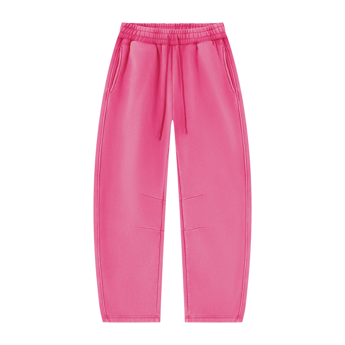 MIROLYUB Arc Vintage-Wash Barrel Fleece Pants in Rose Red, front view.