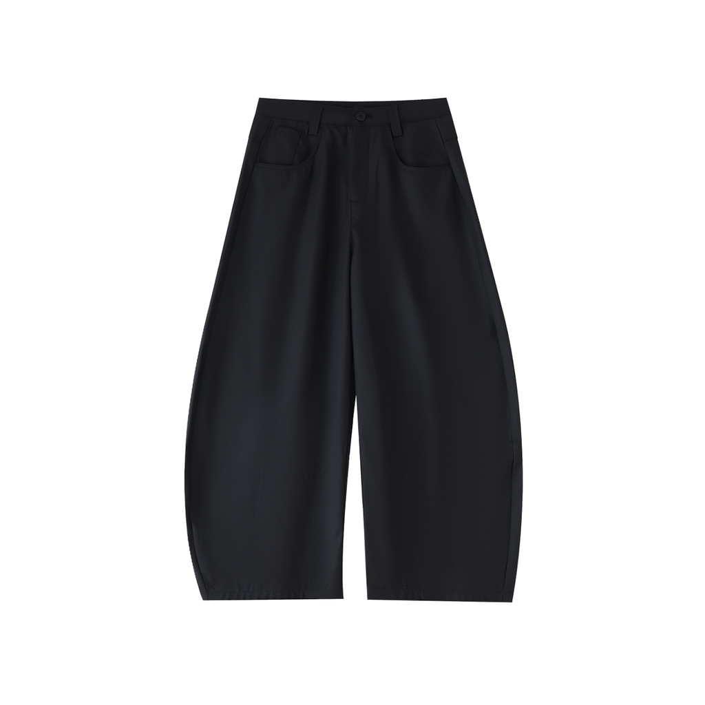 MIROLYUB Contour barrel dress trousers in Black, front view.