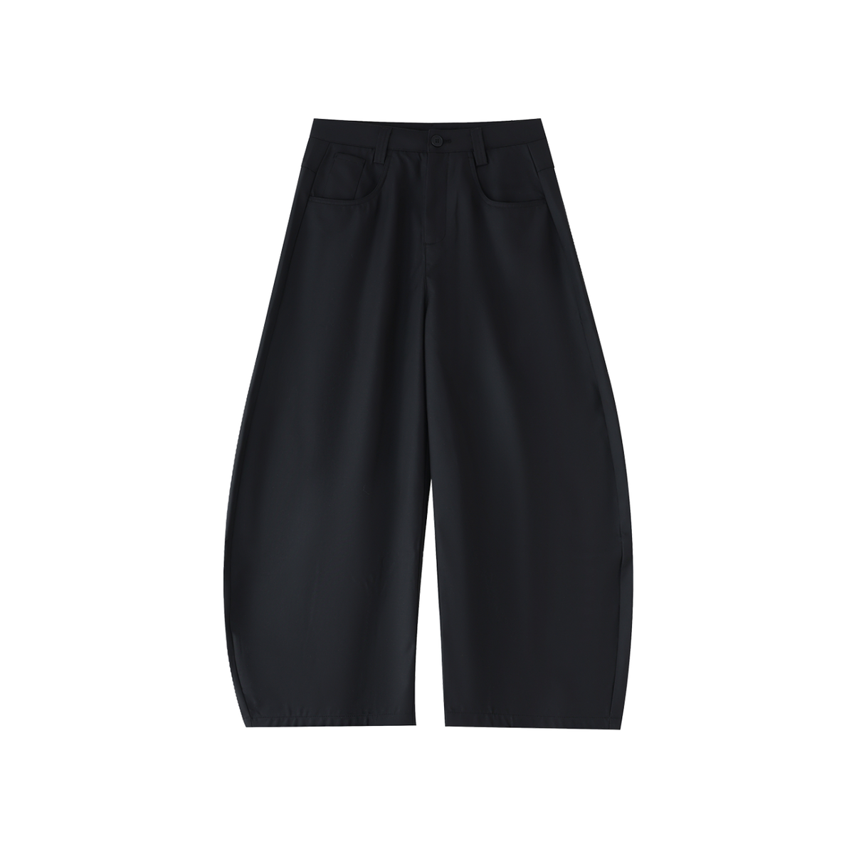 MIROLYUB Contour barrel dress trousers in Black, front view.