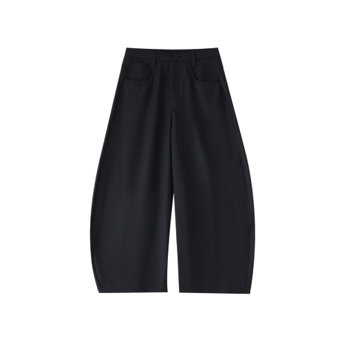 MIROLYUB Contour barrel dress trousers in Black, front view.